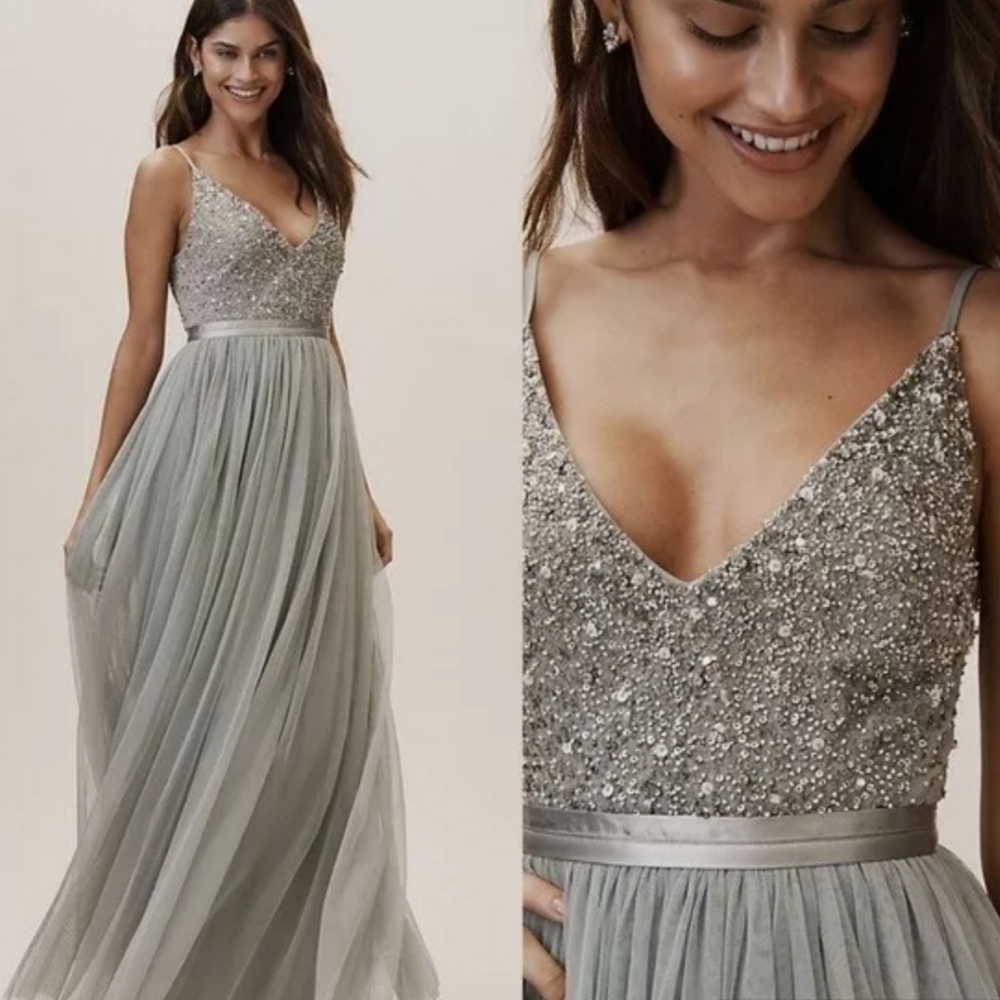 BHLDN- Avery Beaded Tulle Gown Morning Mist Dress